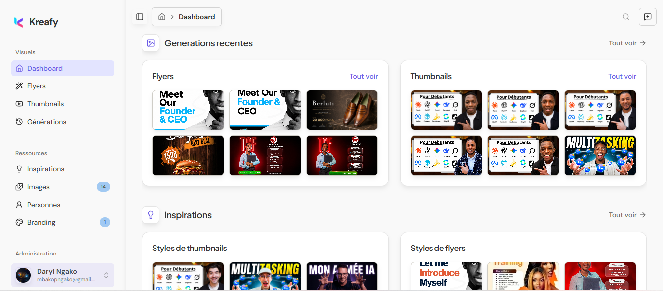 The Kreafy dashboard: flyers and thumbnails generated side by side